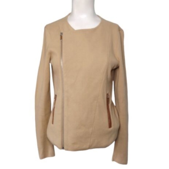 Lauren Ralph Lauren Brown Tan Knit Moto Cardigan Blazer Cotton Small Jacket - Picture 2 of 9